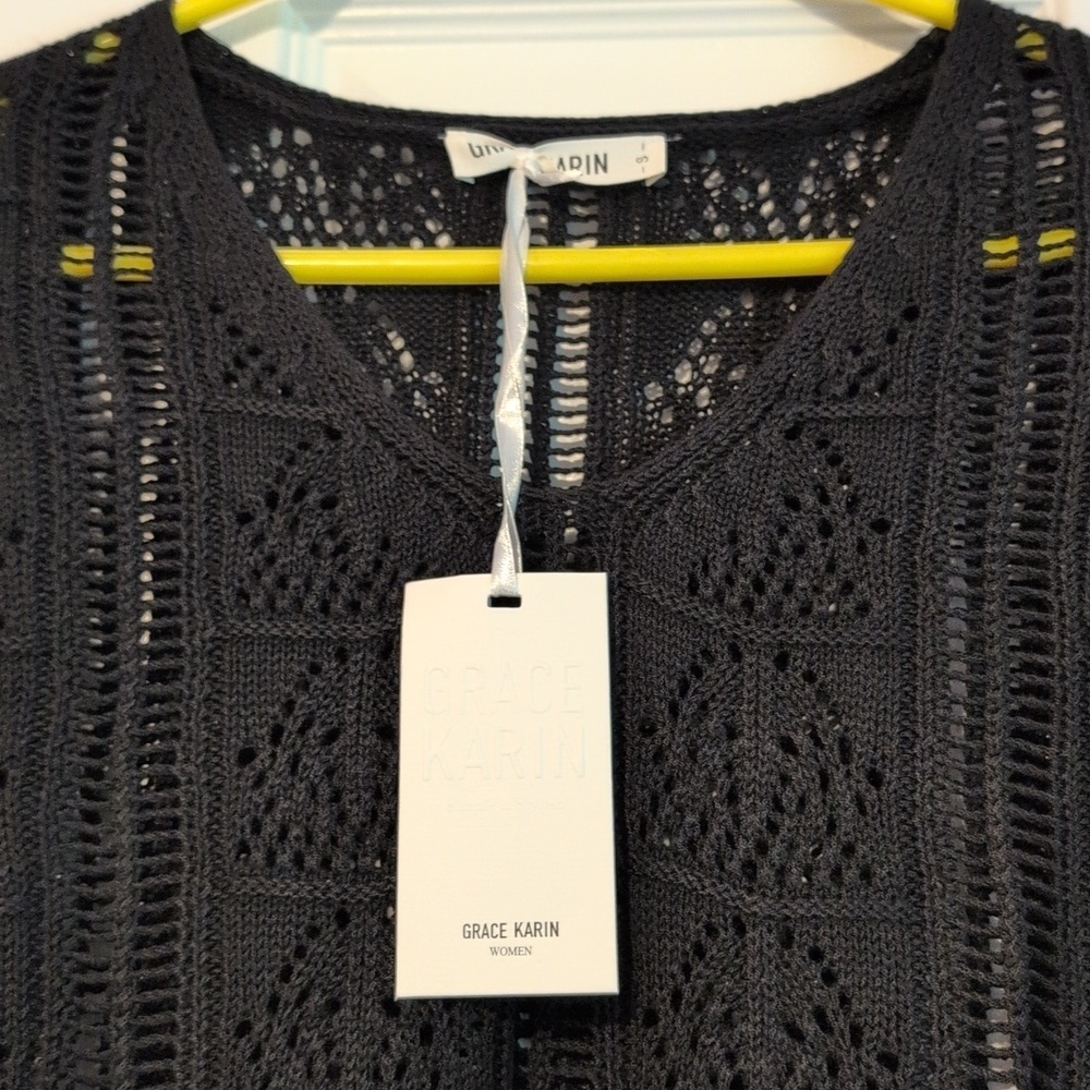 Short-Sleeve Crochet Knit Sweater, Black Size Womens S - Picture 4 of 8